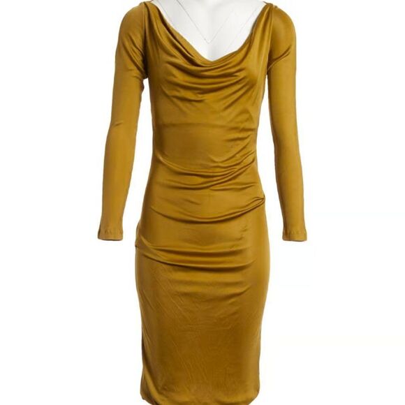 Like New Gold Draped Cowl Neck Slinky Ruched Midi Dress (Please see pix) - Picture 1 of 8